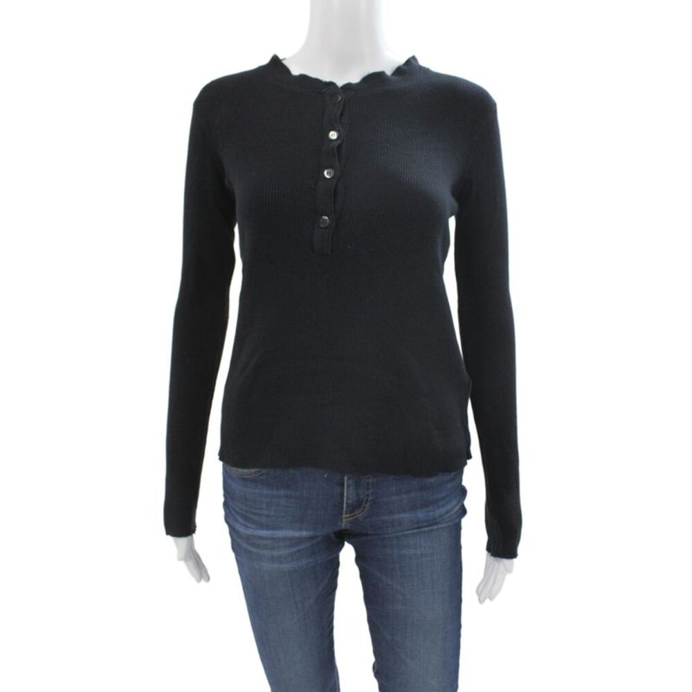 Pharaoh Women Black Grunge Basic Button-Up Long Sleeve Crew Neck Top Size S